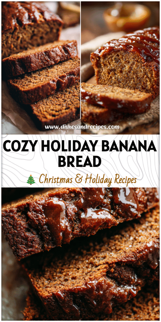 Slice of moist Gingerbread Banana Bread with molasses glaze and festive spices on a holiday table.